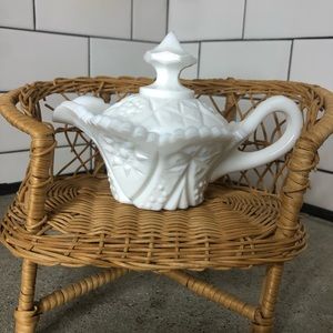 Vintage Kemple Yutec Milk Glass Creamer with star pattern and lid to bowl